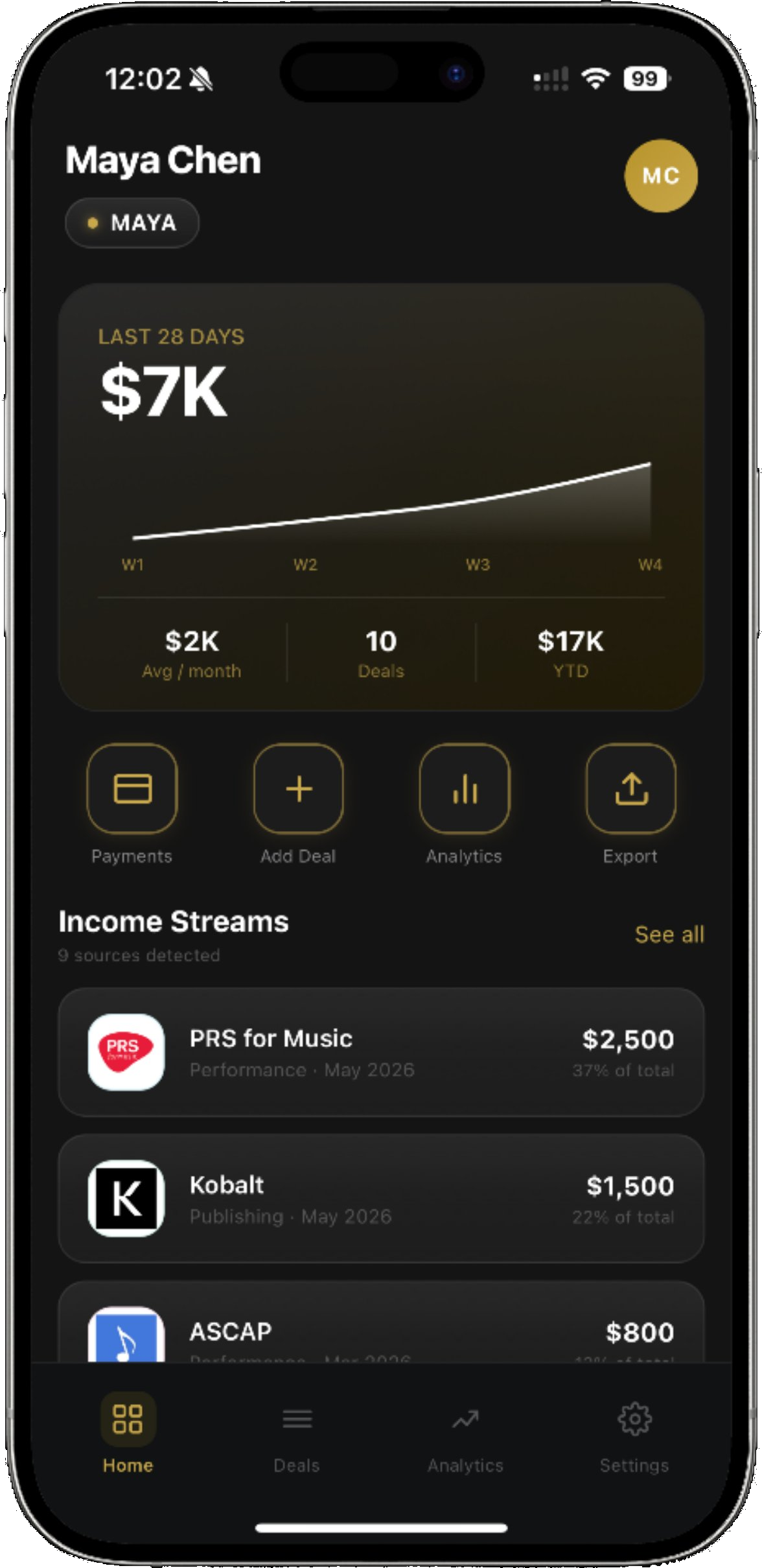 Royalti app showing aggregated royalty income